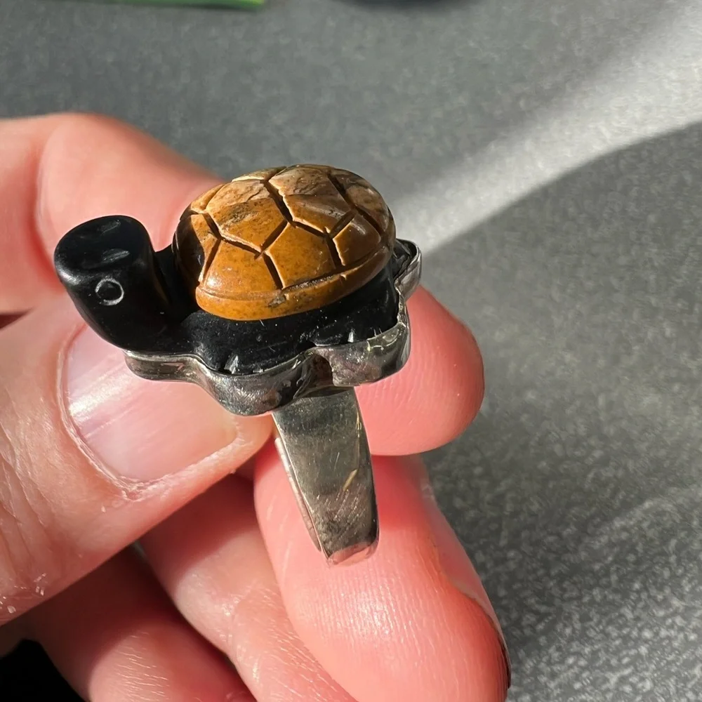 Wood turtle ring with sterling silver band, roughly size 7 3/4 - Picture 1 of 13